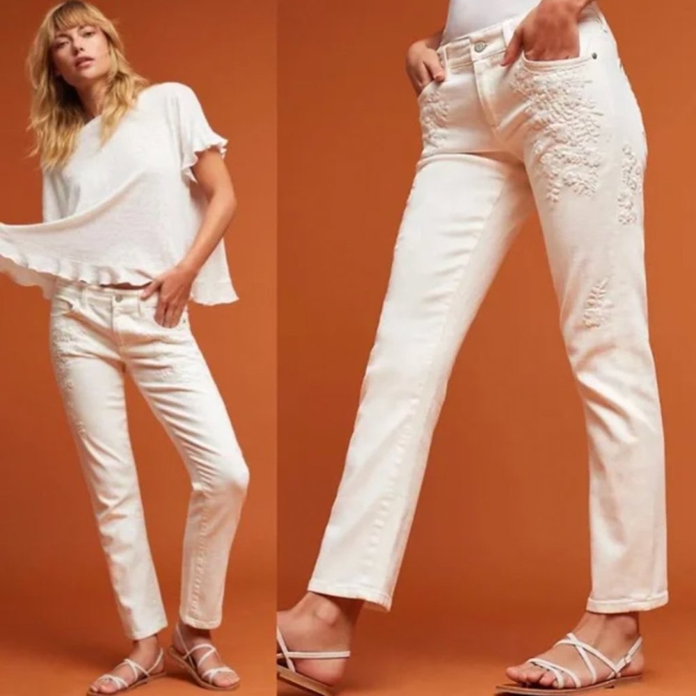 PILCRO white on white floral embroidered mid-rise straight leg Hyphen jeans